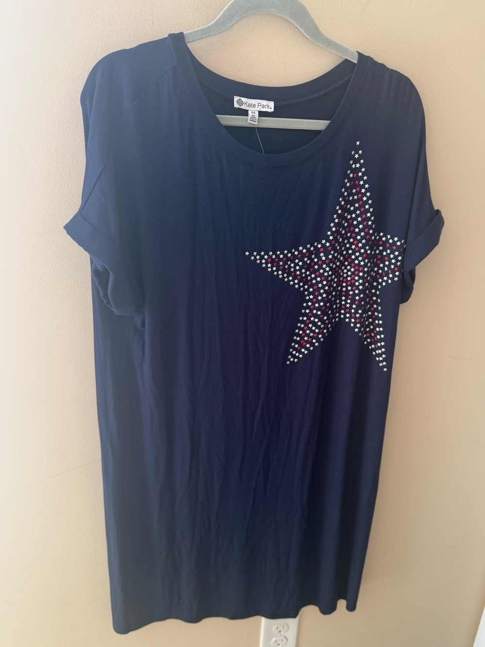Kate Park patriotic star navy T-shirt rayon dress size M NWT